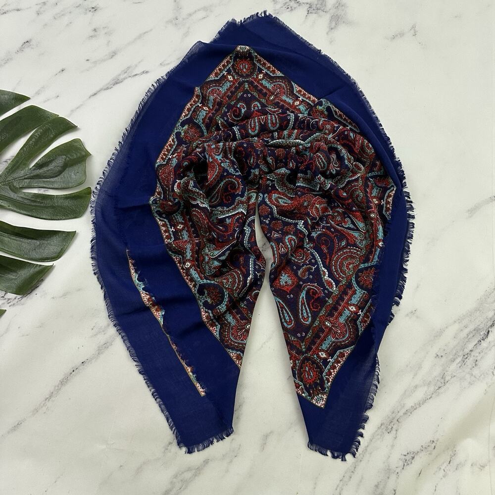 Womens Vintage 80s Paisley Floral Print Square Scarf Blue Red Boho Festival